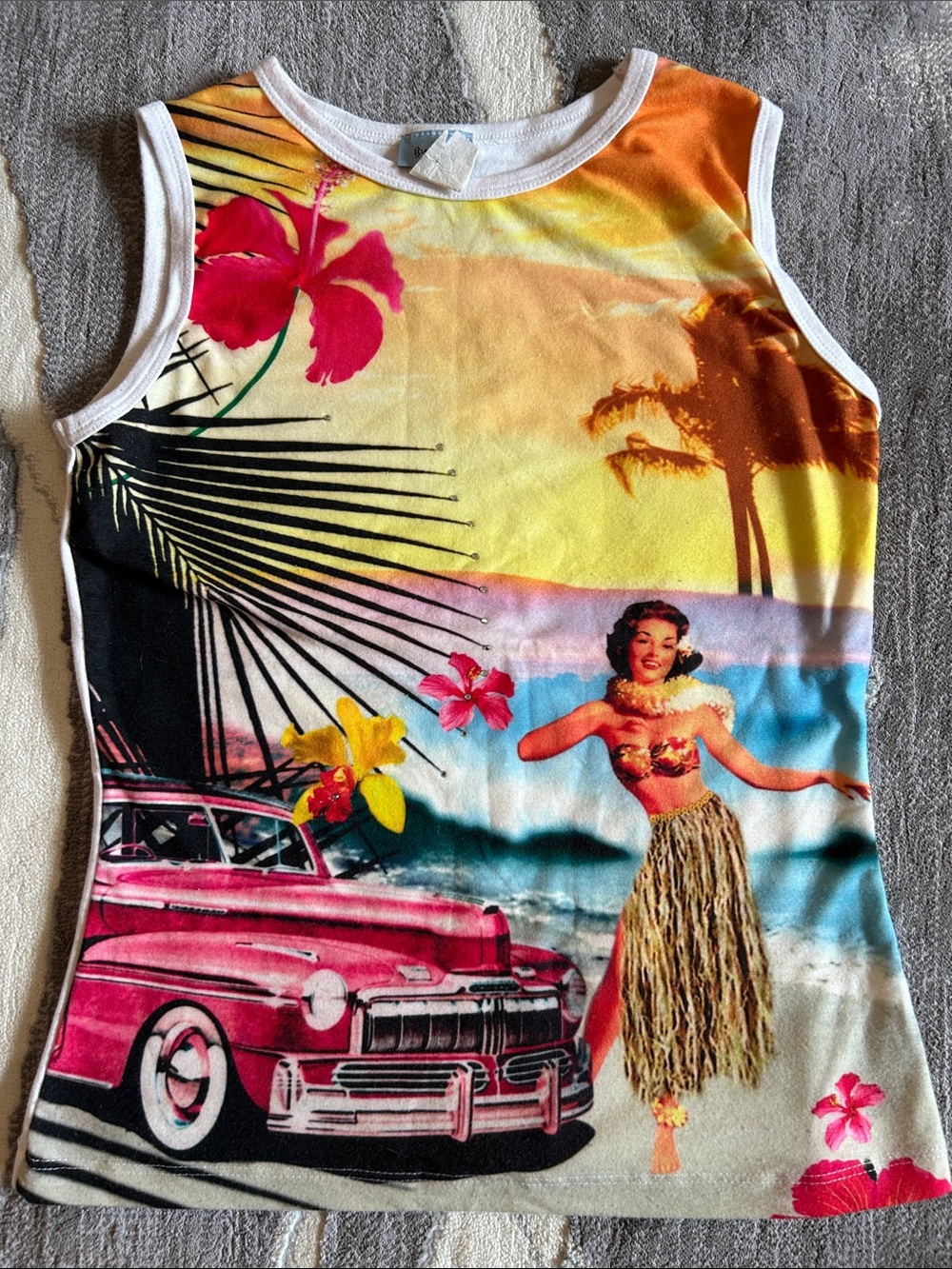 Tropical Hula Graphic Tank Top - Pink/Yellow Size Small